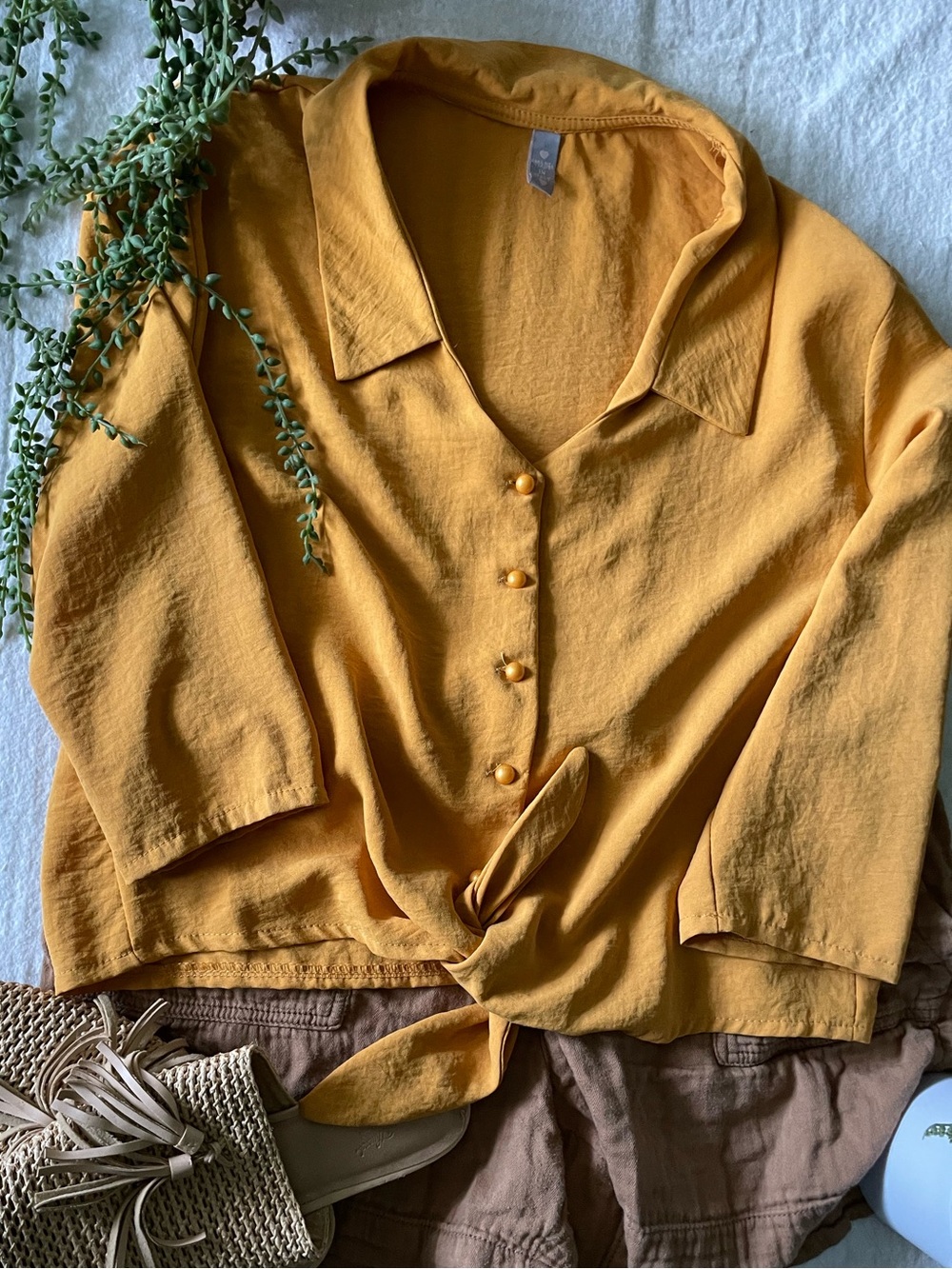 Mustard Tie-Front Button Shirt - Women Tops
